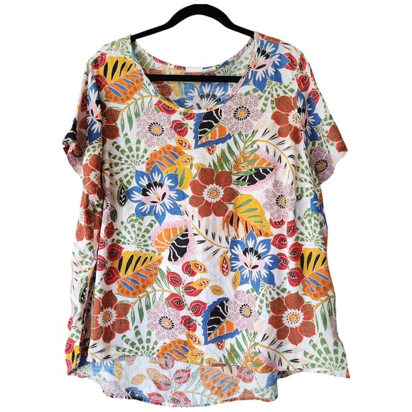 C&C California Positively Curvy Women's Sz 1X Tropical Boxy Top 100% Linen - Picture 1 of 11